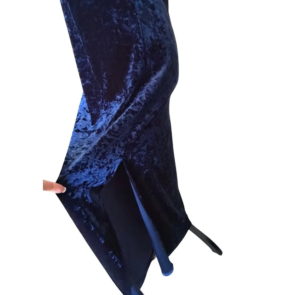 Forever‎ 21 Navy Blue Crushed Velvet Maxi Dress Side Slit Spaghetti Strap Large